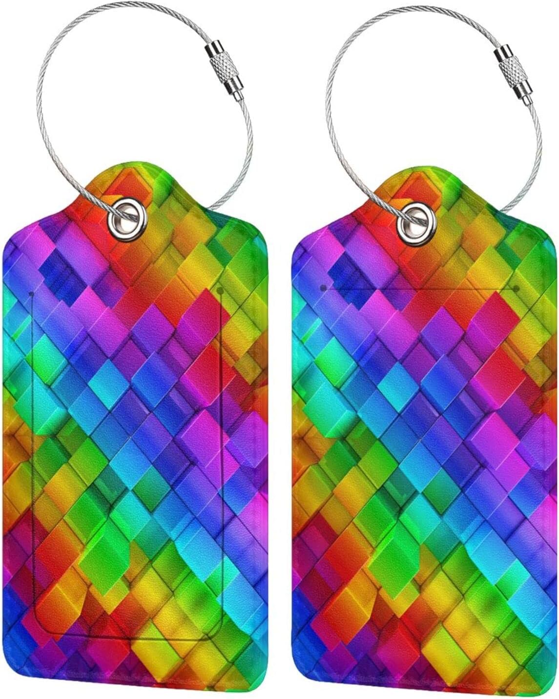 2 Pcs Colorful Geometric Luggage Tags for Suitcases, Bright Rainbow Leather Baggage Tags for Luggage with Privacy Name Address Identifiers Labels & Durable Steel Loop for Women Men Travel