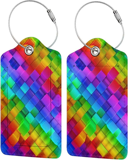 2 Pcs Colorful Geometric Luggage Tags for Suitcases, Bright Rainbow Leather Baggage Tags for Luggage with Privacy Name Address Identifiers Labels & Durable Steel Loop for Women Men Travel