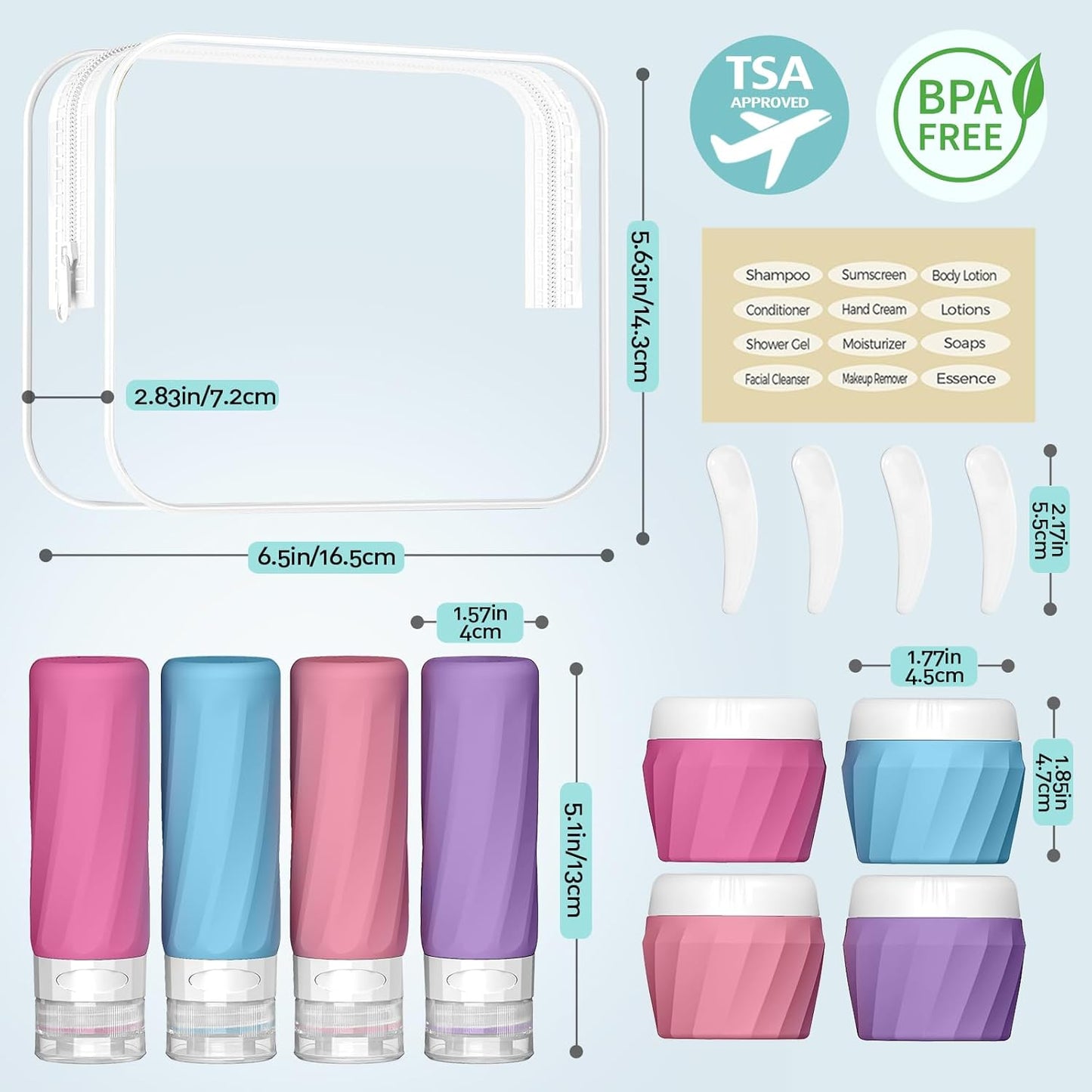 14pack Travel Bottles for Toiletries, TSA Approved Travel Size Toiletries Containers Set, Premium Silicone Leak Proof Refillable Bottles & Creams Jars Accessories Kit W/Clear Bag (Vibrant)