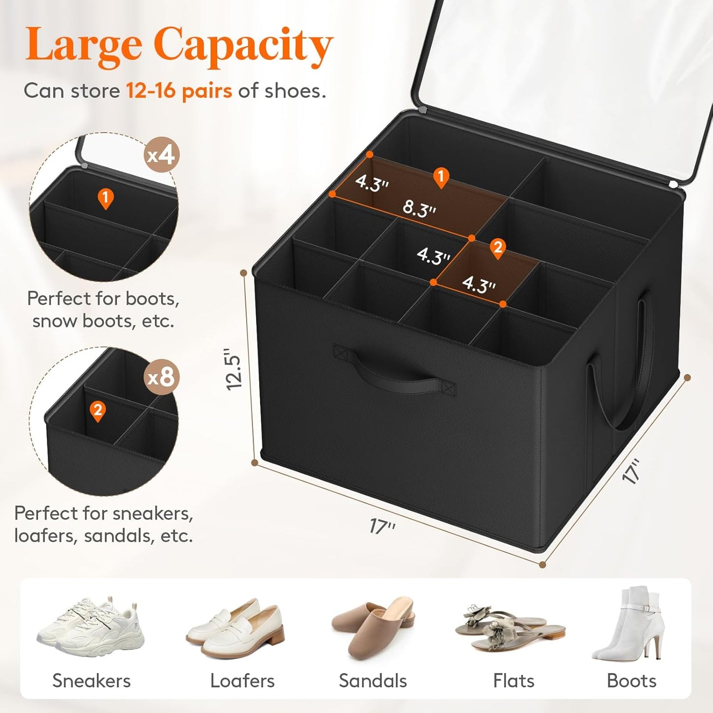 Lifewit Shoe Storage Organizer for Closet, Fits 12-16 Pairs, Large Shoe Box Storage Containers with Clear Cover and Reinforced Handles, Foldable Storage Bins Fit for Boots Heels Sneakers, 3 Pack Black