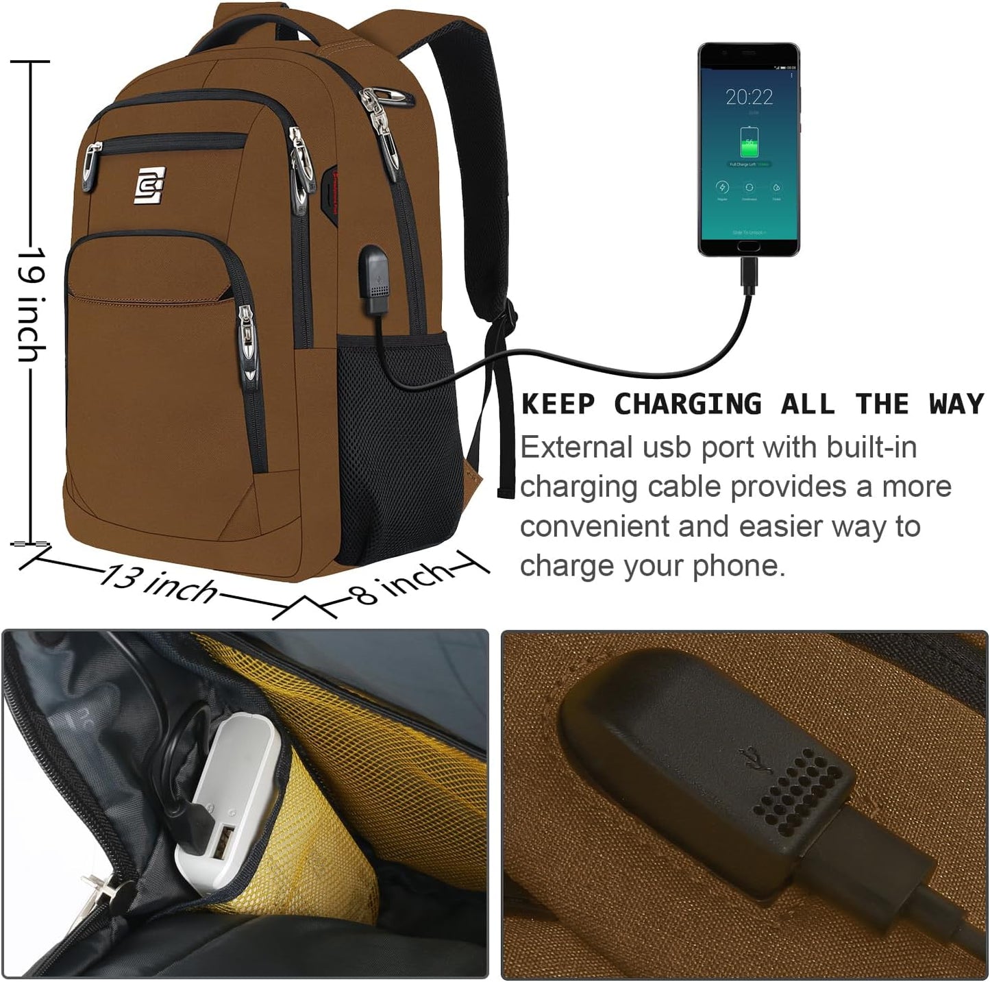 Laptop Backpack,Business Travel Anti Theft Slim Durable Laptops Backpack with USB Charging Port,Water Resistant College Computer Bag for Women & Men Fits 15.6 Inch Laptop and Notebook-Brown