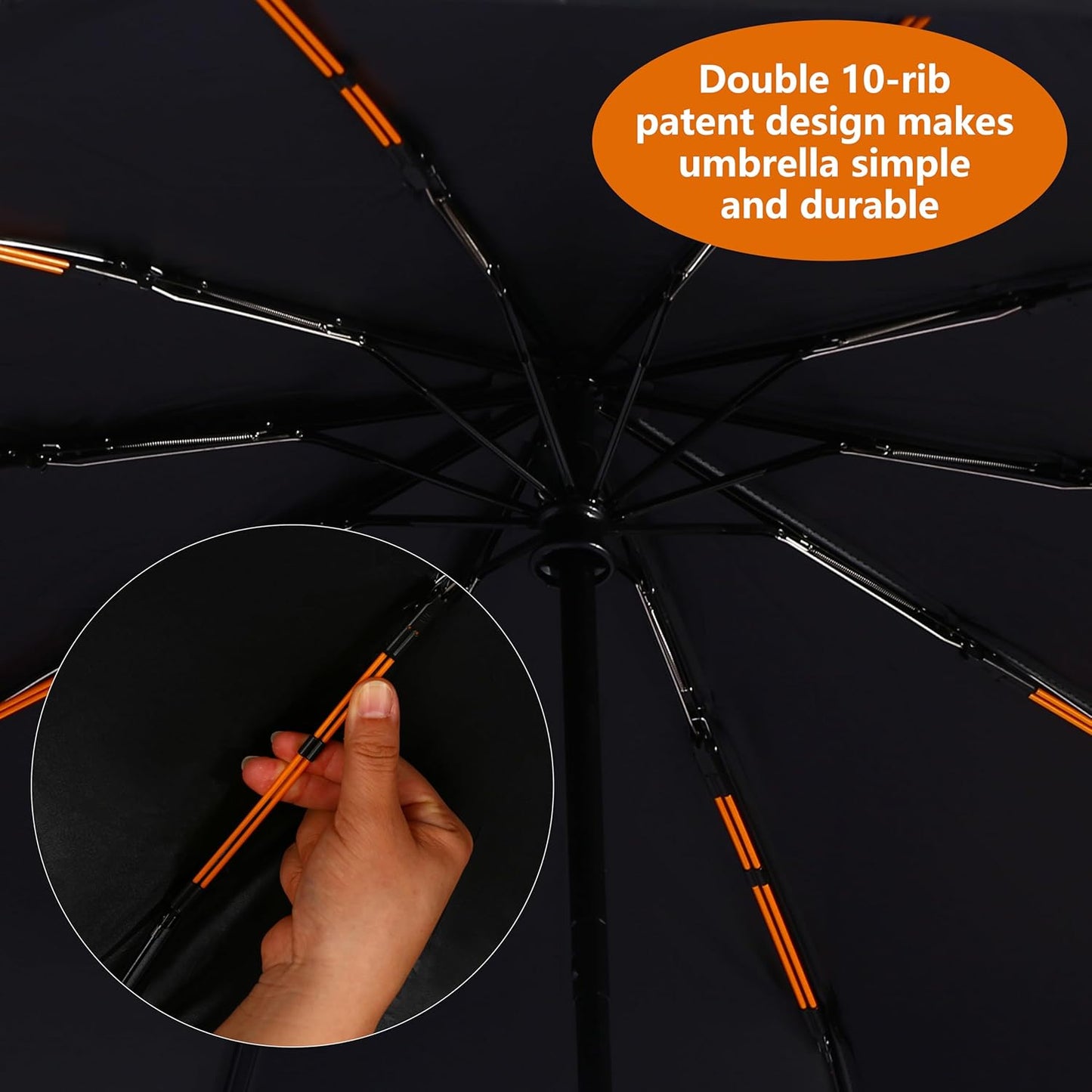 Double 10-Rib 46 Inch Compact Travel Umbrella for Rain - Sturdy Portable Windproof Umbrella - Small Automatic Folding Umbrella