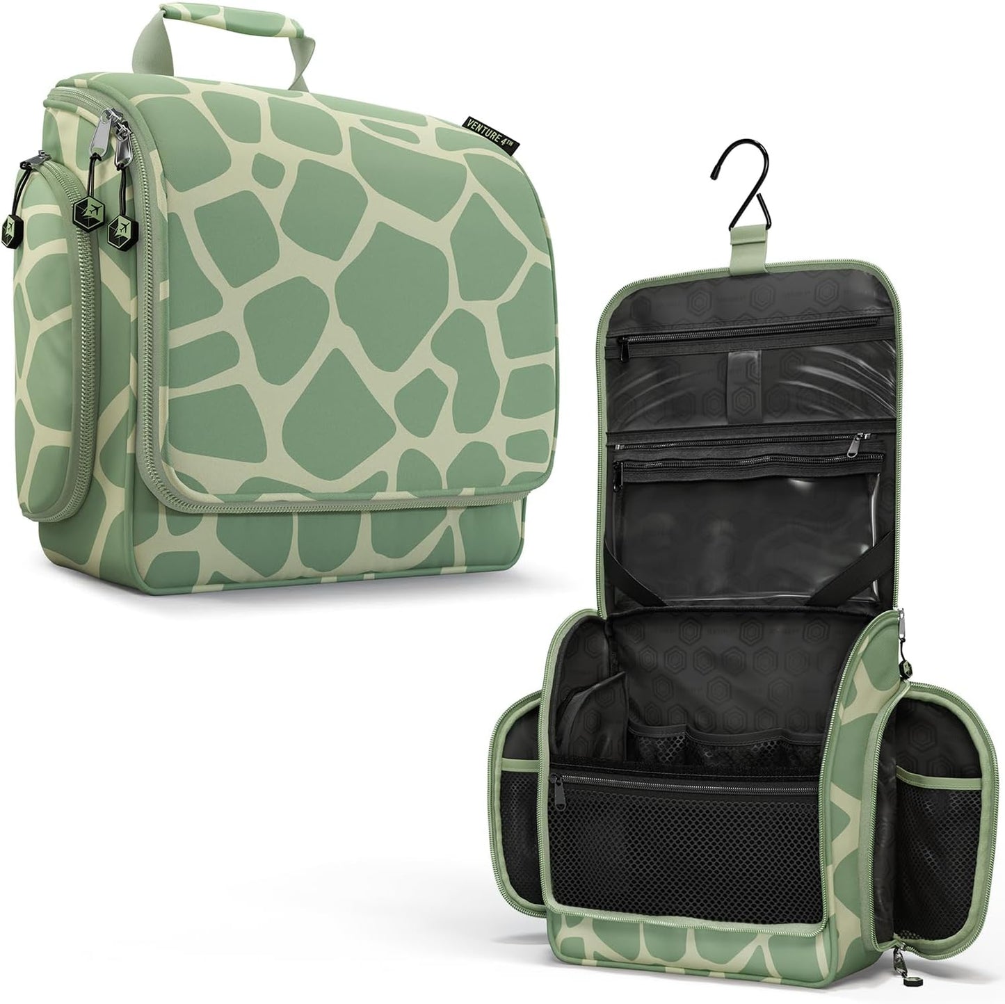VENTURE 4TH Hanging Travel Toiletry Bag for Women & Men - Travel Organizer with Expandable Compartments & Removable Clear Pouch for Toiletries (Olive Giraffe)
