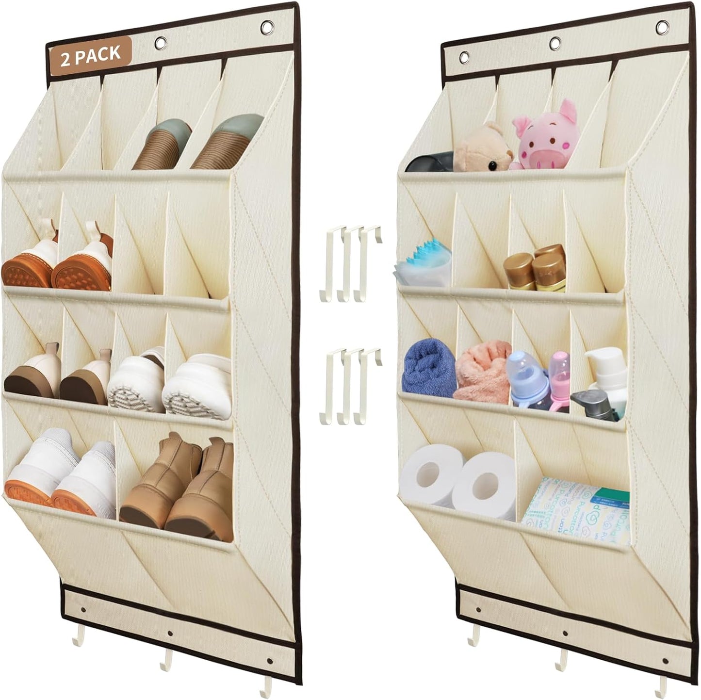 FENTEC 2 Pack Over the Door Shoe Organizer, Hanging Shoe Organizer, 28 Large Deep Pockets Door Shoe Rack with 6 Hooks Shoe Organizer for Shoes, Sneakers, and Home Accessories, Beige