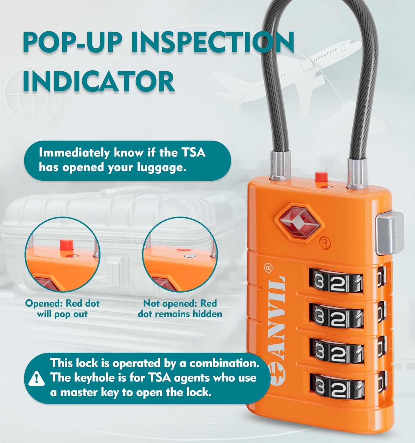 ANVIL 4 Digit Luggage Locks, TSA Locks for Luggage, Advanced TSA008 core, Alert Indicator for Your Travel Lock, Suitcase Lock. (4, Orange)