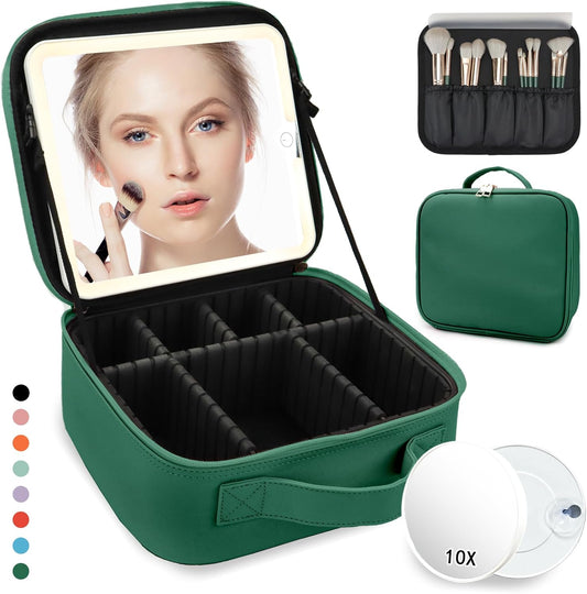 Travel Makeup Bag,with Mirror 3 Color Setting and Detachable 10x Magnifying Mirror Travel Makeup Bag,Portable Storage and Adjustable Dividers（Dark green）
