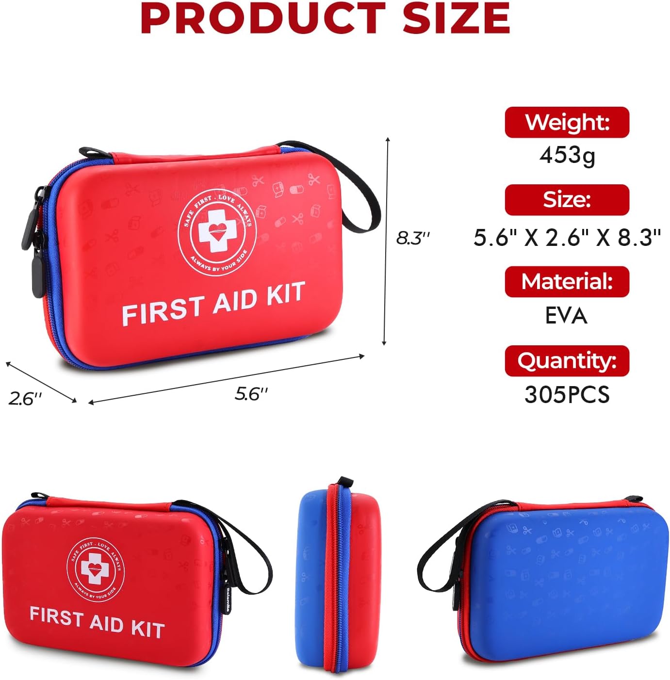 Premium First Aid Kit - 305 Piece Dual-Color Emergency Kit with Hard Shell & Fluorescent Interior Coating, Compact Survival Kit for Home, Car, Travel, Hiking & Outdoor(Red/Blue)