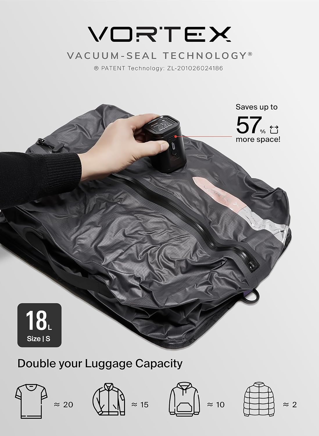 Black Voyage Reusable Vacuum Compression Travel Bag for Carry-On Suitcase and Backpack, Recycled IP67 Waterproof Space Saver Vacpack (3-Pack, 18L - Pump Included)