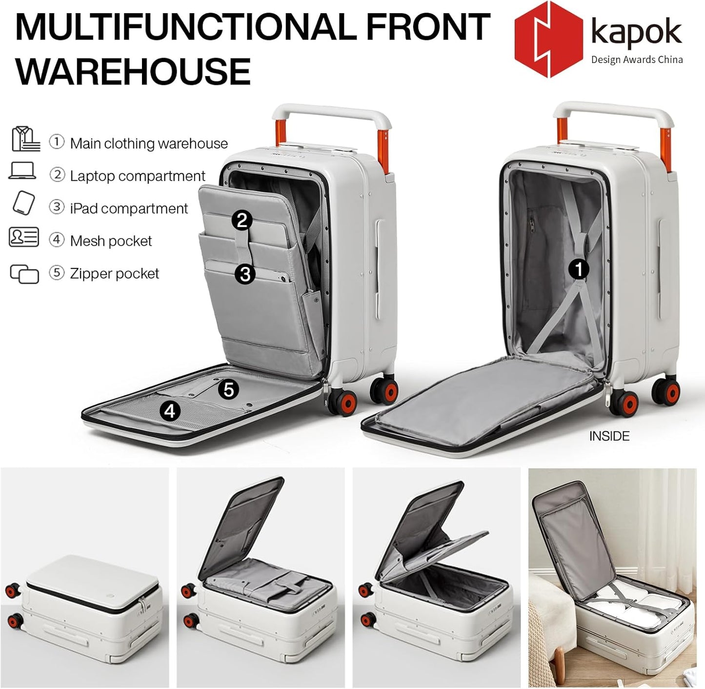 mixi Carry On Luggage Wide Handle Luxury Design Rolling Travel Suitcase PC Hardside with Aluminum Frame Hollow Spinner Wheels, with Cover, 20 inch, Smoke White