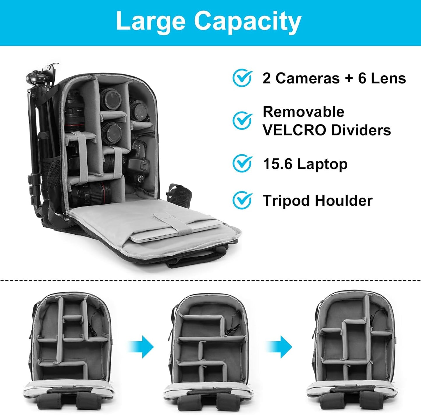 CADeN Camera Backpack Bag for DSLR/SLR Mirrorless Camera Waterproof with 15.6 inch Laptop Compartment, USB Charging Port, Tripod Holder, Rain Cover, Camera Case Compatible for Sony Canon Nikon Black L