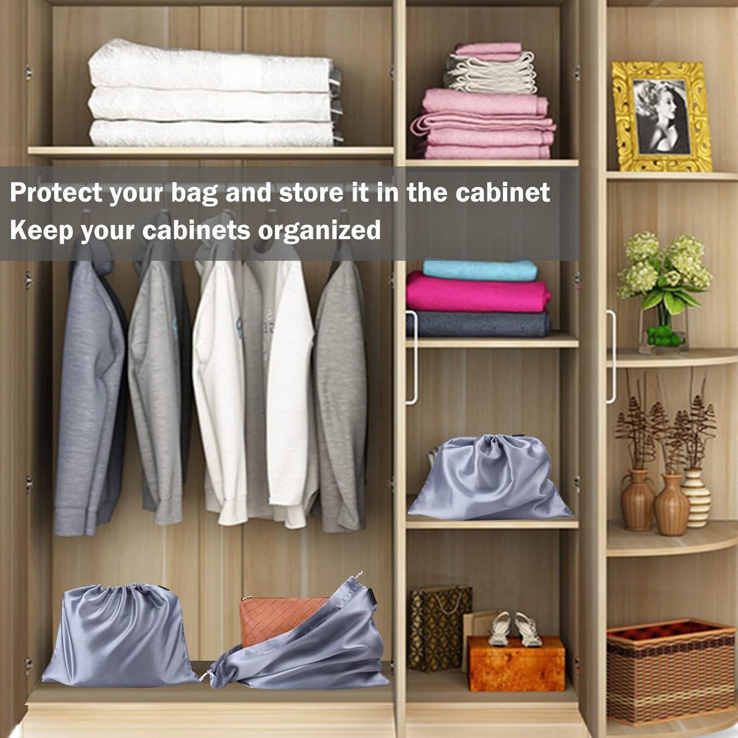 6 Pack Dust Bags for Handbags Silk Dust Cover Bag for Handbags Purses Shoes Boots, Silk Dustproof Drawstring Bag Travel Storage Pouch (Gray, 23.6 × 19.6 in)