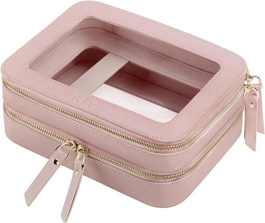 Prite Double Layer Makeup Bag for Women Portable Clear Makeup Bag Cute Waterproof Travel Cosmetic Bag with Gold Zipper for Car Essentials(Pearlescent Pink)