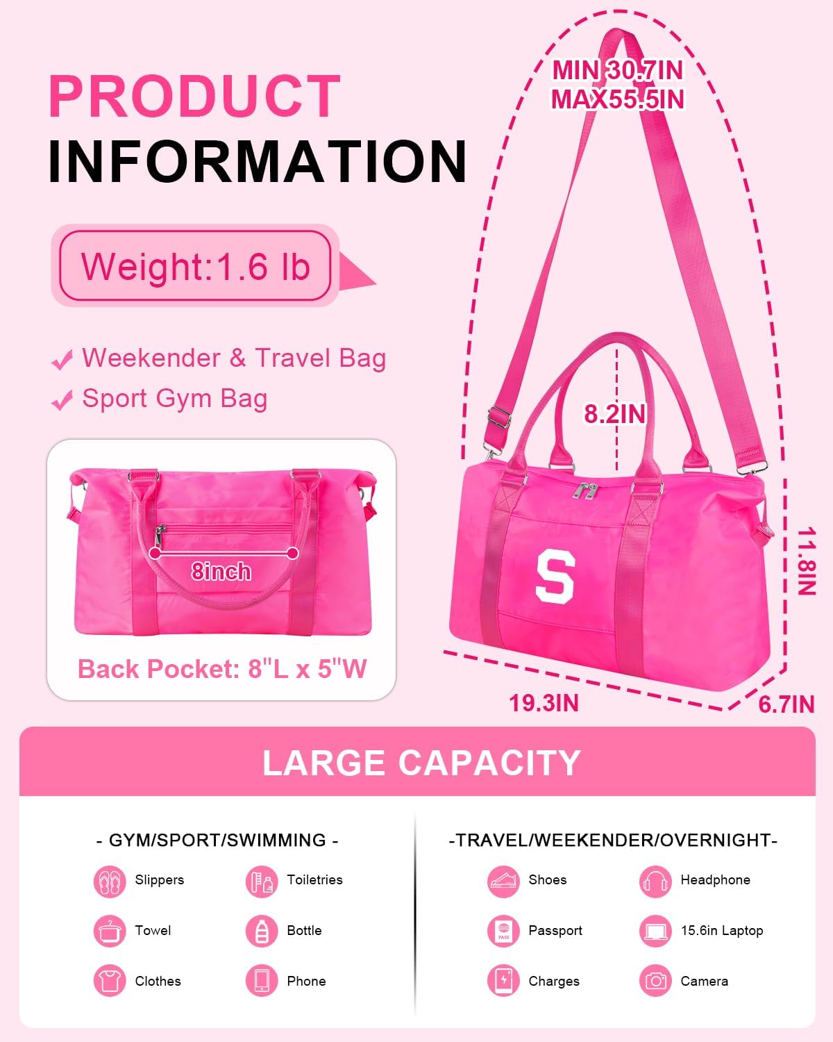 Overnight Bag for Kids Teen Girls Weekender Dance Bag Birthday Graduation Gifts,Initial Travel Duffel Bag Sports Gym Bag Personalized Weekender Bag Carry On Bags Preppy Gifts for Women(Hot Pink, S)