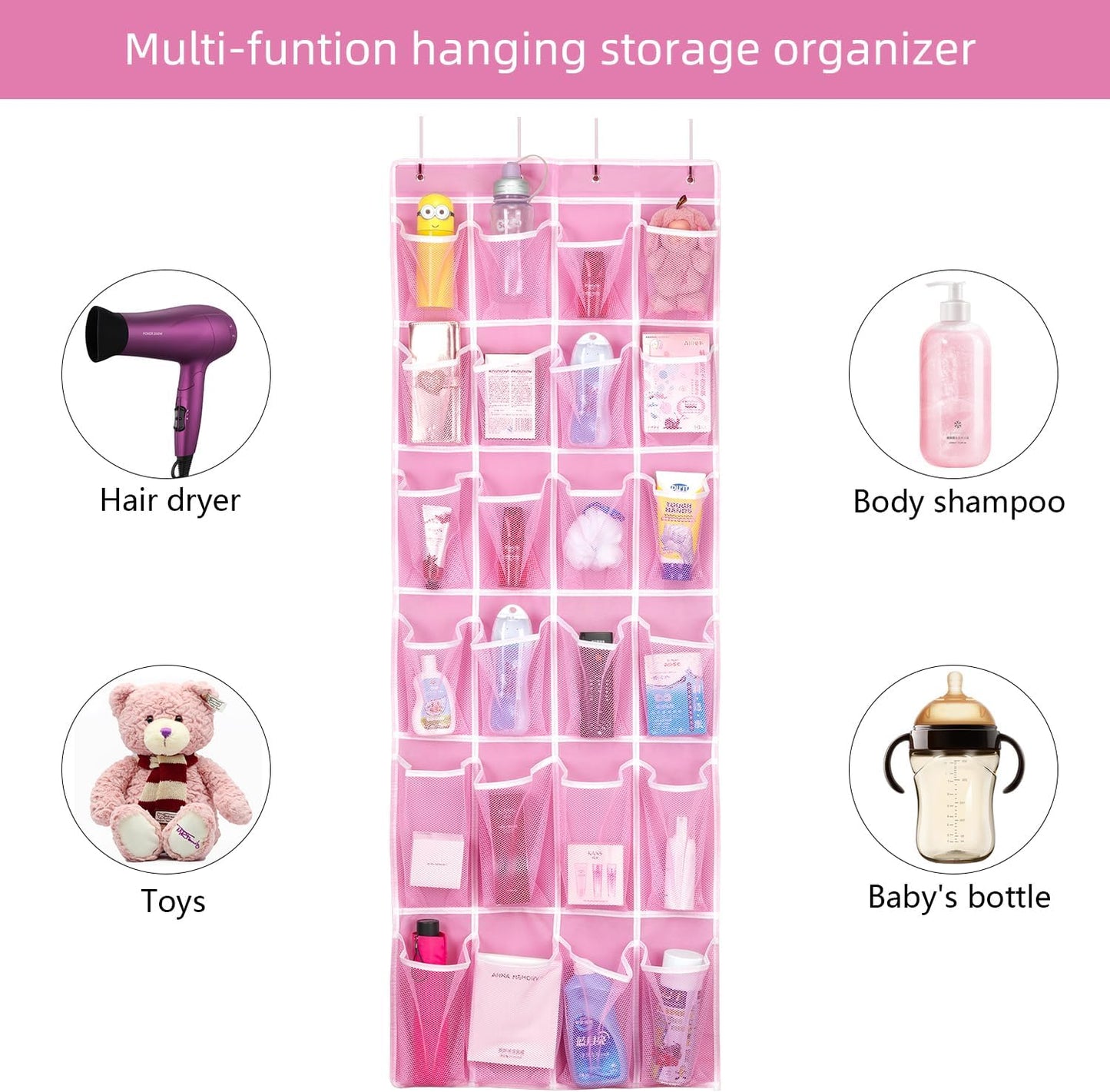 Hanging Shoe Organizer, Over The Door Shoe Organizer with 24 Breathable Mesh Pockets for Men Women Kids Hanging Shoe Storage Rack Organizer Size:58x21 Inch（Pink）