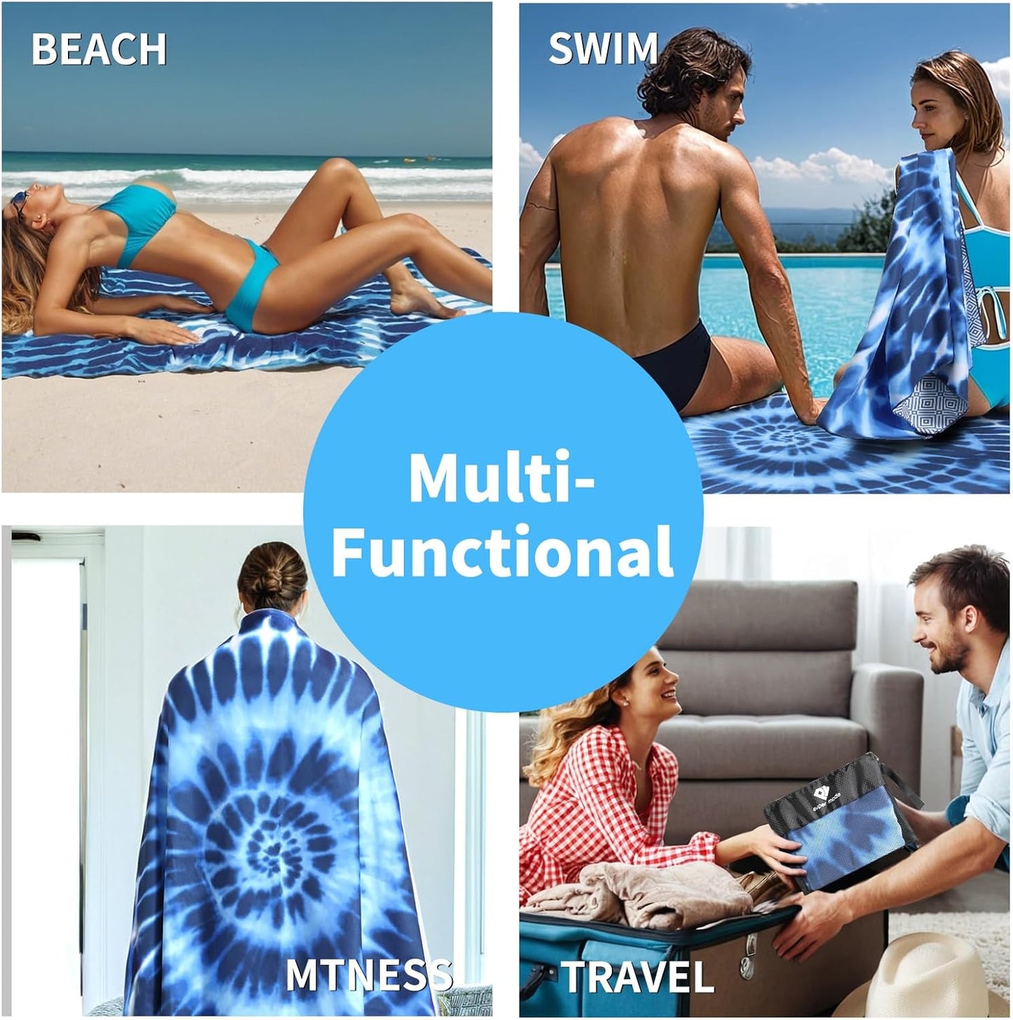 2 Pack Microfiber Beach Towel, Blue and Blue Oversized Pool Towel 75”x 35”, Sand-Free Quick Drying Camping Super Absorbent Bath Blanket, Soft Breathable and Lightweight