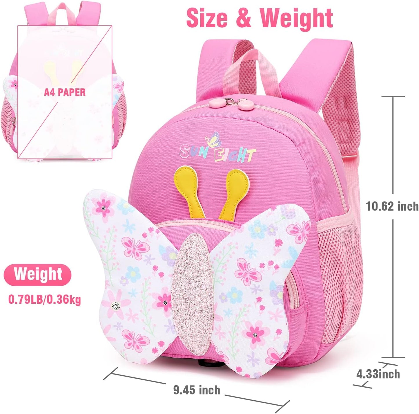SUN EIGHT Toddler Backpack for Girls Kids Backpack Cute 3D Cartoon School Bag for Baby Boy Girls 1-5 Years Baby Backpack (Butterfly)