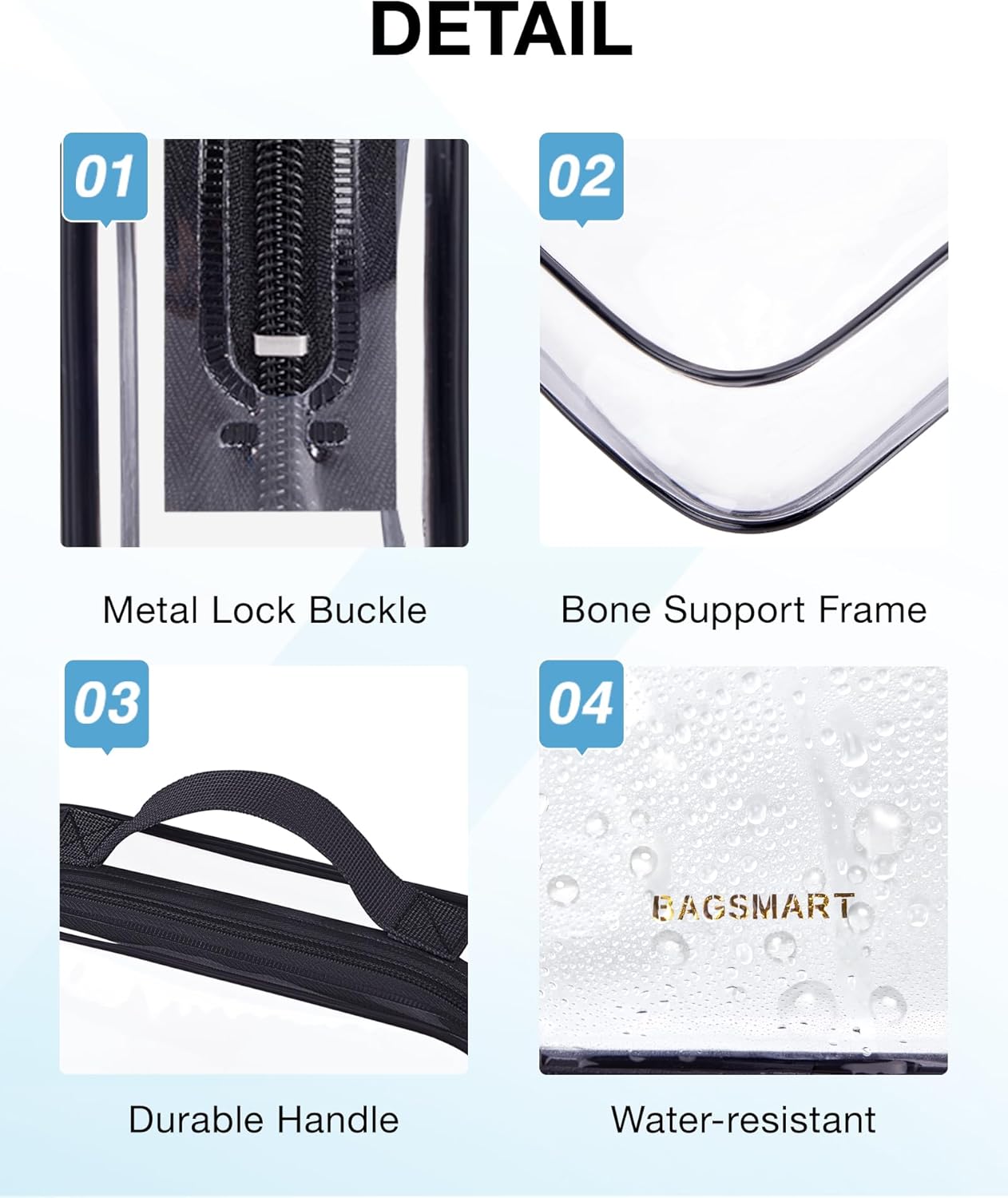 BAGSMART Clear Toiletry Bag, TSA Approved Travel Toiletry Bag Carry On Travel Accessories Bag Airport Airline Quart Size Bags water-resistant Makeup Bag for Women