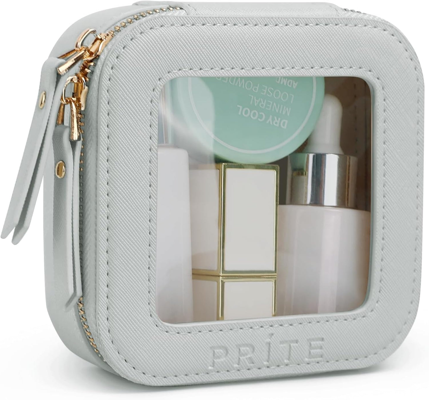 Prite Small Makeup Bag for Women Portable Clear Makeup Bag Cute Mini Waterproof Travel Cosmetic Bag with Gold Zipper for Car Essentials(Grey)