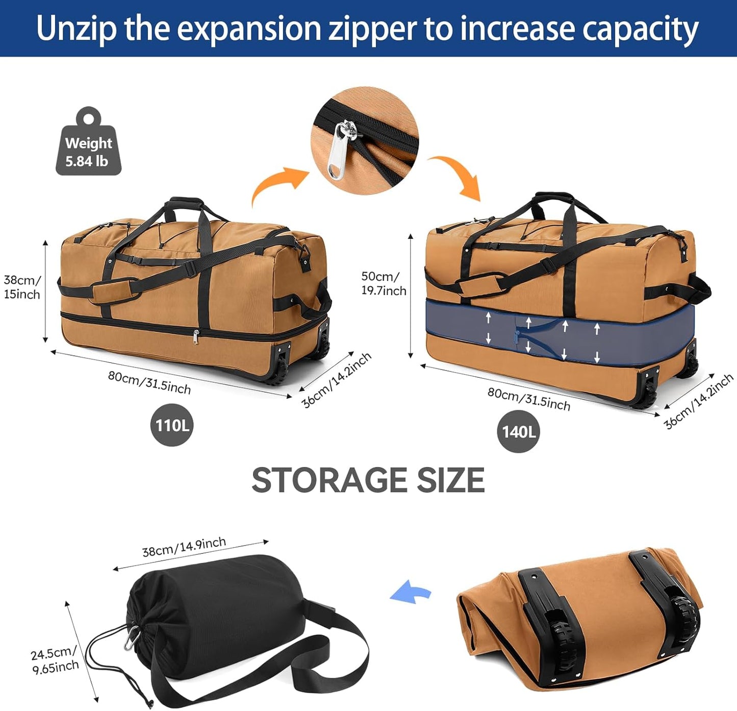 110L Expandable to 140L 32” Foldable Oxford Soft-Sided Rolling Duffle Bag with 2 Heavy-Duty Wheels,3 Large Compartments,Adjustable Shoulder Strap and Attached Organizer Pouch,Coffee