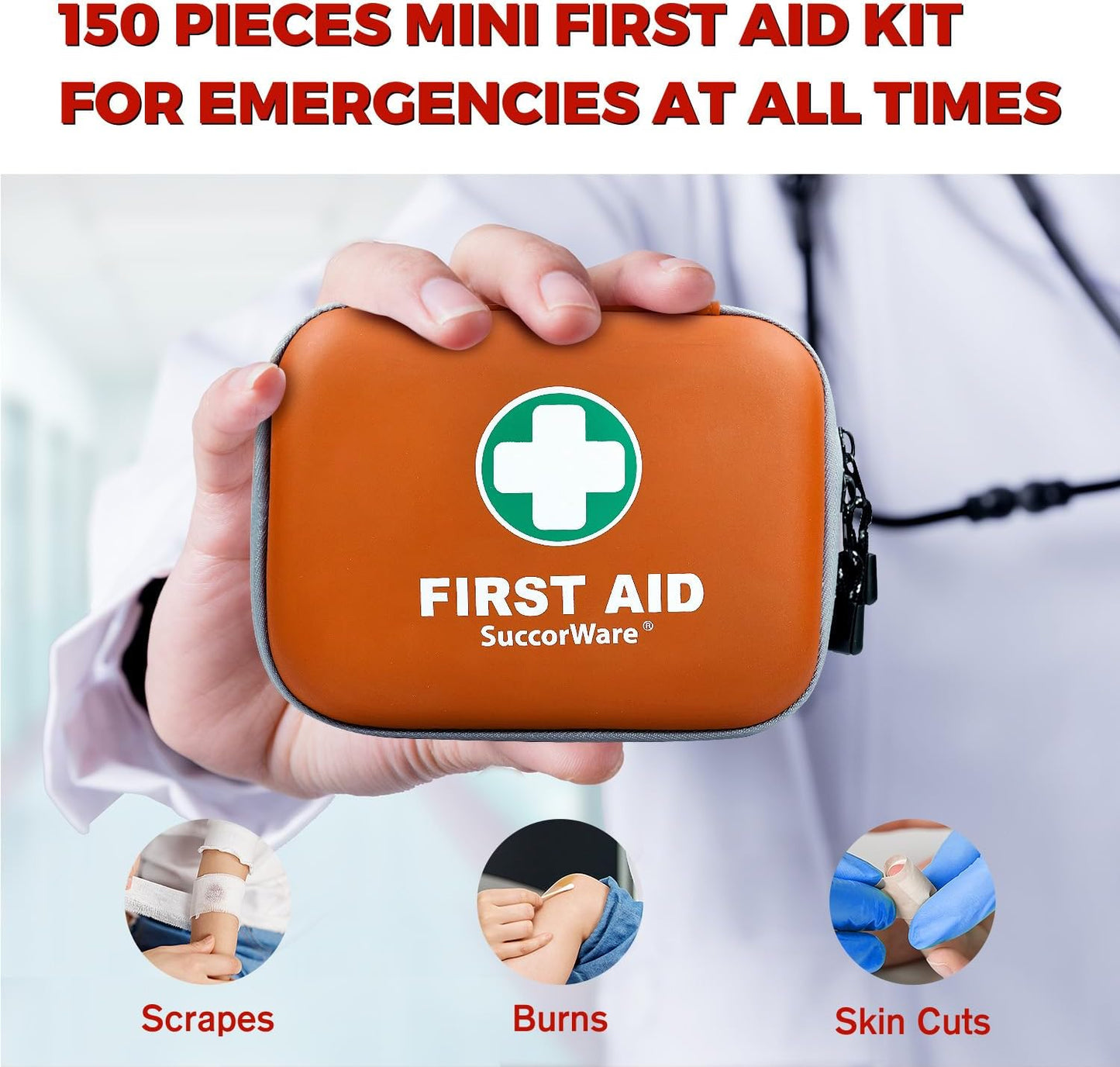 150 Pieces Mini First Aid Kit - Small Medical Kit with Hard Shell - Emergency First Aid Kit for Car, Travel, Home, Outdoor, Office, Camping, Hiking (Orange)