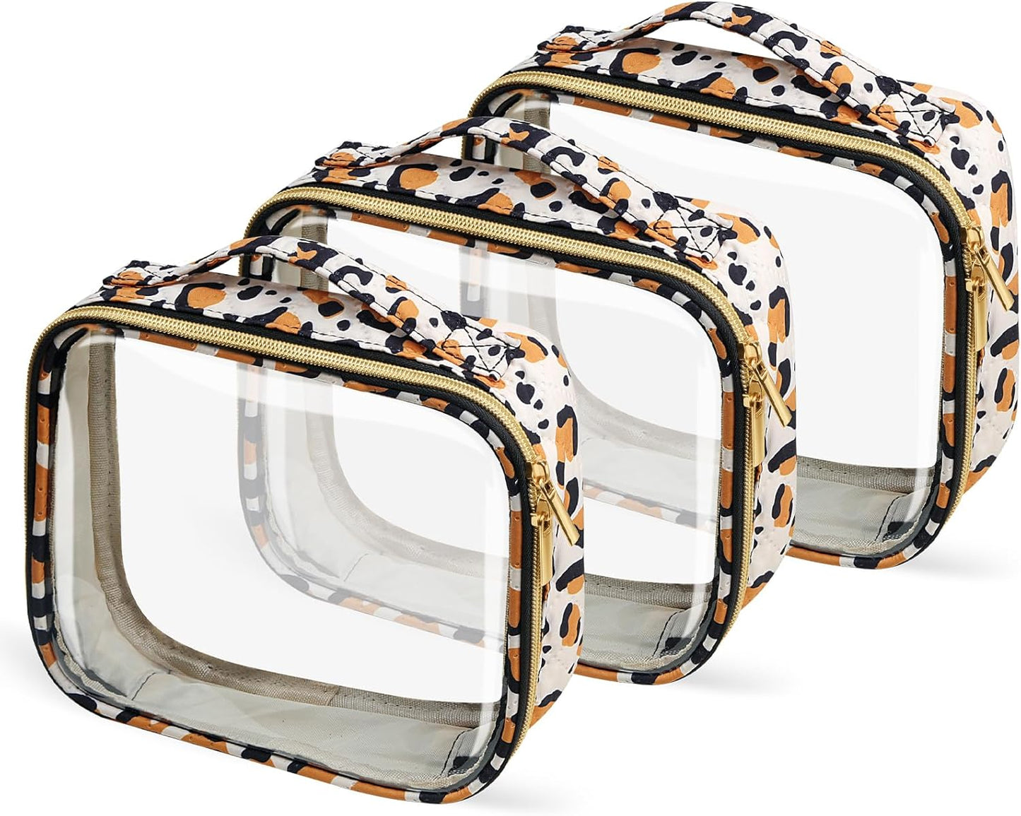 TSA Approved Travel Toiletry Bag,3 Pack Clear Makeup Bags with Handles,Quart Size Clear Cosmetic Bags for Traveling Women,Men,Carry on Airport Airline Compliant Bag,Leopard