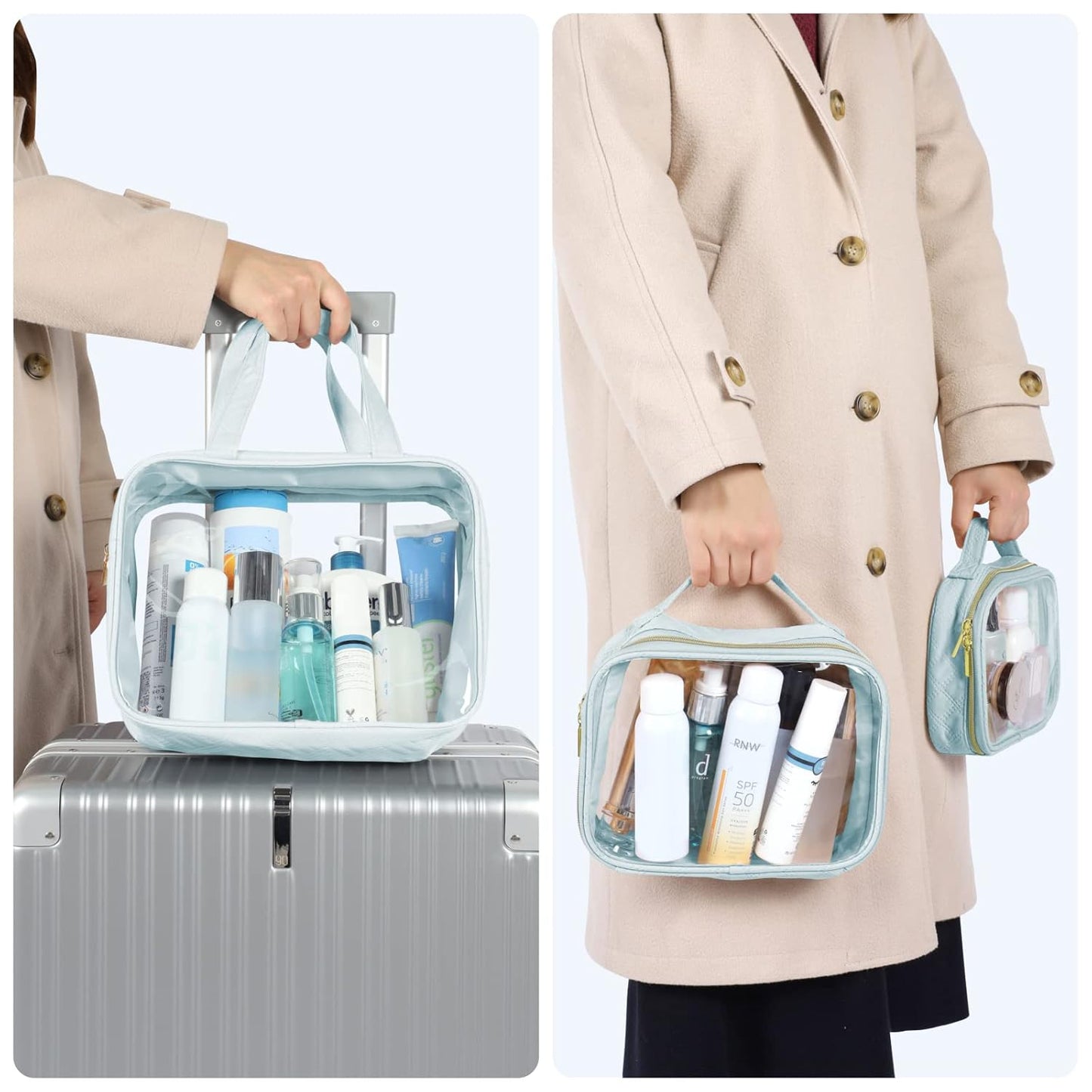 PACKISM Clear Toiletry Bags - 3 Pack Makeup Bags with Handle, Large Opening, Waterproof Cosmetic Bags for Travel Essentials, Grayish Blue