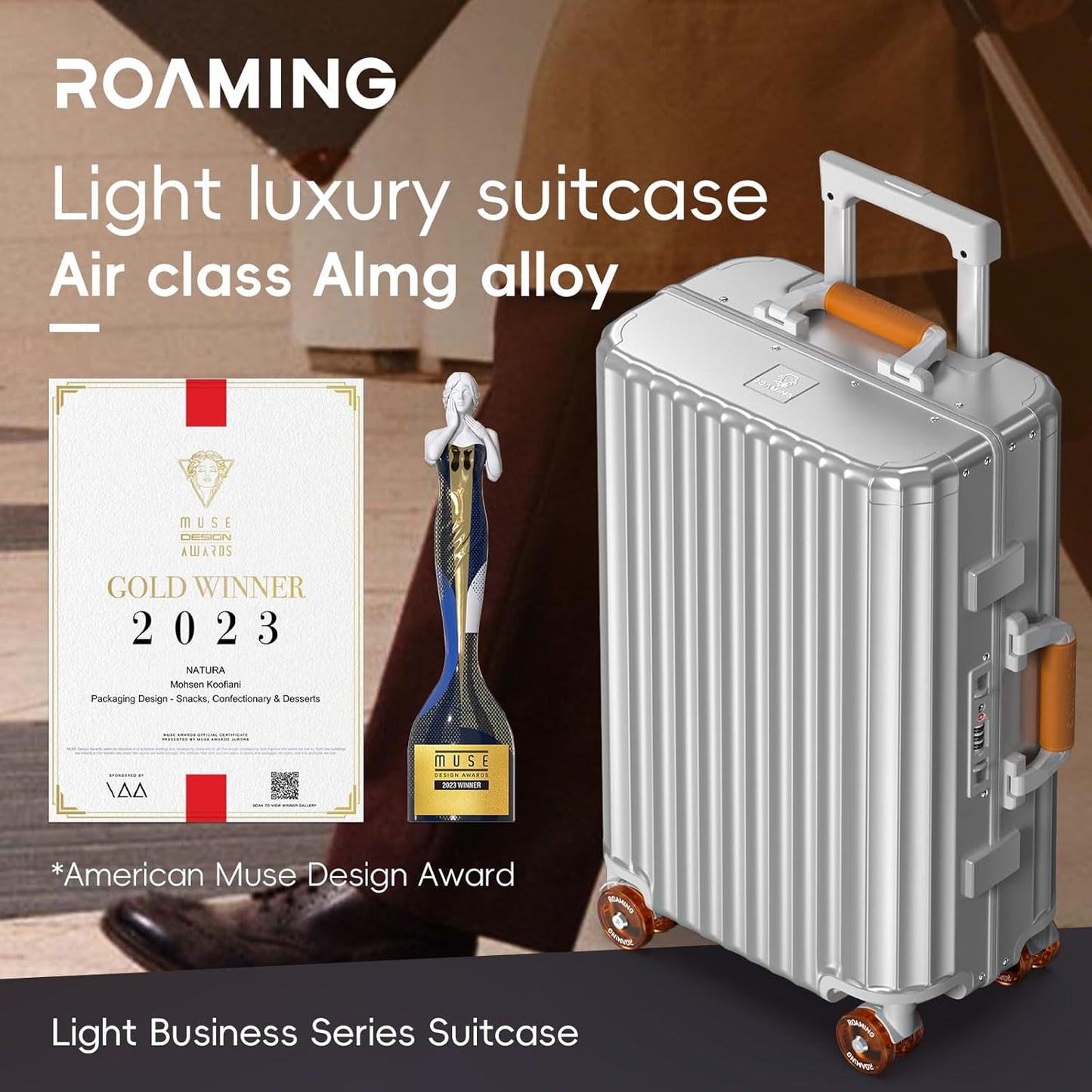 ROAMING 24 Inch Check Luggage Durable All Aluminum Hardshell Suitcase - Zipperless Luggages Airline Approved with 360° Spinner Wheels, TSA Lock, USB Port Smart Organizational Pockets （Silver orange）