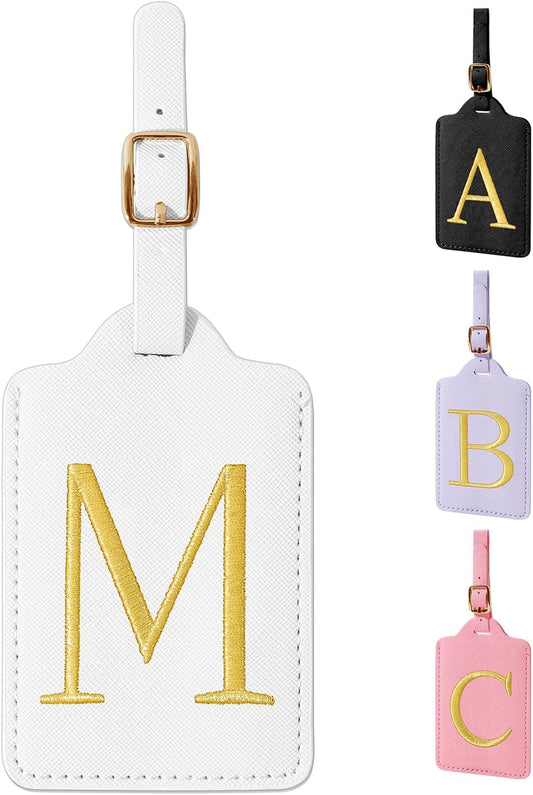 Personalized Initial Luggage Tags for Suitcase TSA Approved, White Leather Cute Luggage Tag with Privacy Cover Name Card, Embroidered Custom Luggage Tags Travel Baggage Tags Gifts for Women Kids(M)
