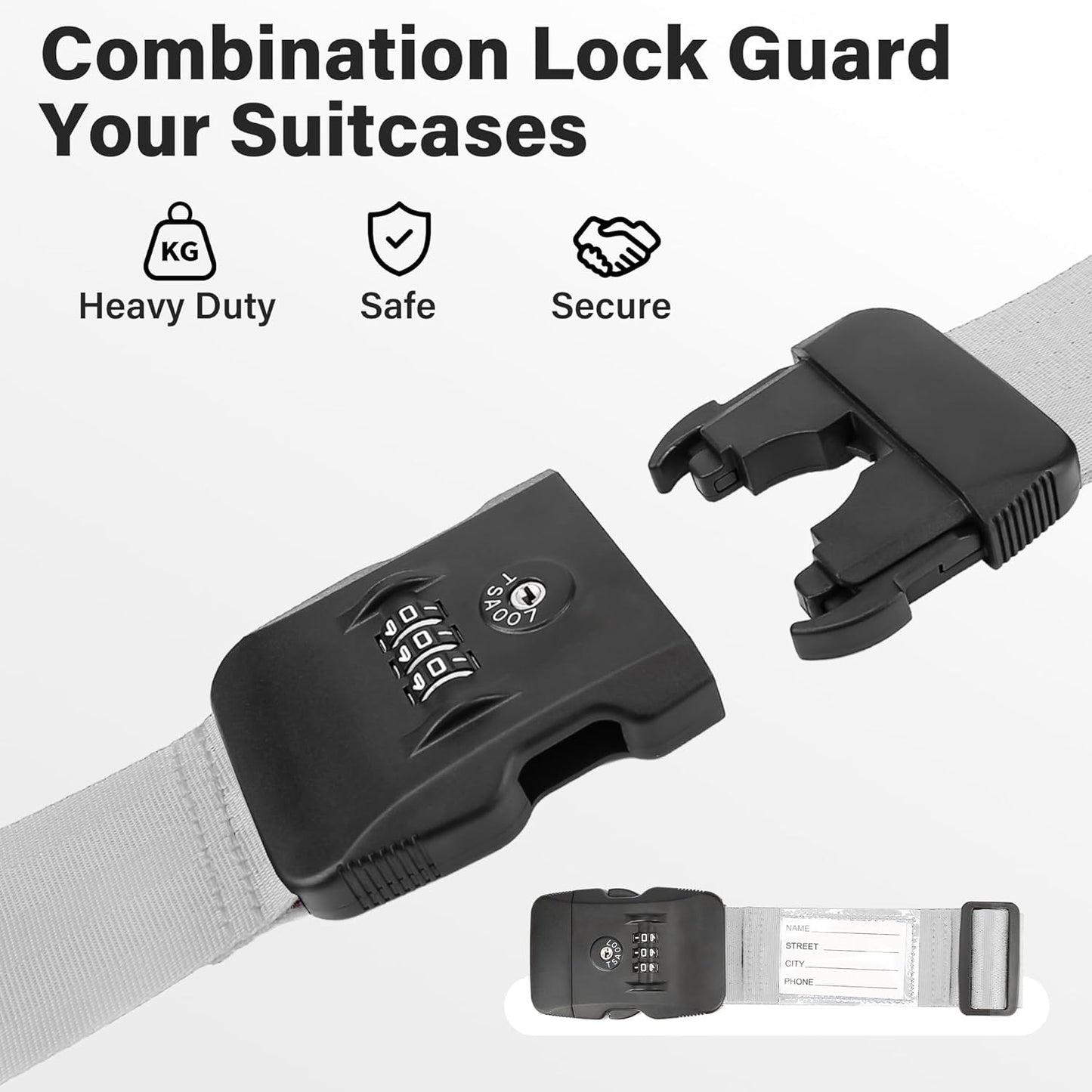 Luggage Straps, Grey TSA Approved Luggage Strap Belt with Combination Lock for Suitcases, 2 Pack Adjustable Heavy Duty Cross Suitcase Straps with Name Tags for Travel, Carry On Bags, Protect Luggage