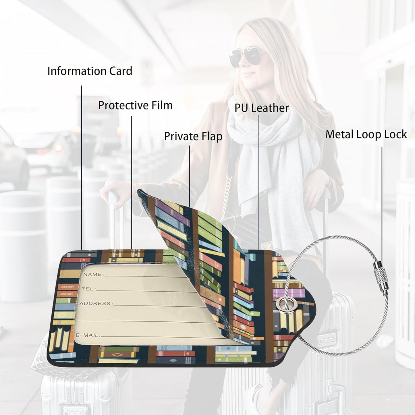 2 Pack Luggage Tags for suitcases Cute Book Luggage Tag, Leather Stainless Steel Loop Label Tag for Men Women Travel Bag Suitcase(Book)