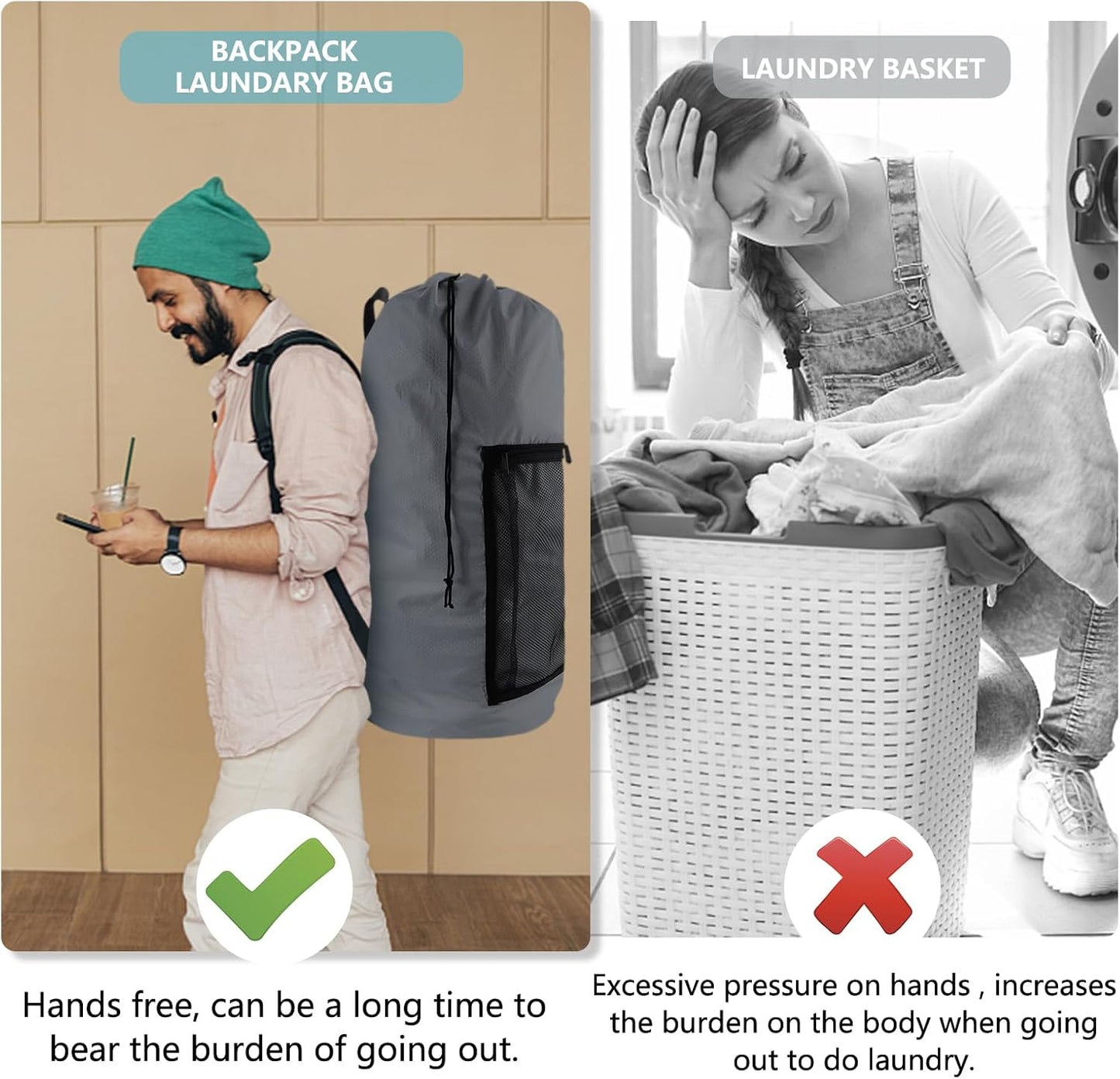 Laundry Bag Backpack, Extra Large Travel Laundry Bag with Mesh Pocket & Adjustable Shoulder Straps,Dirty Clothes Travel Bag for College Students Dorm,Apartment(Grey)