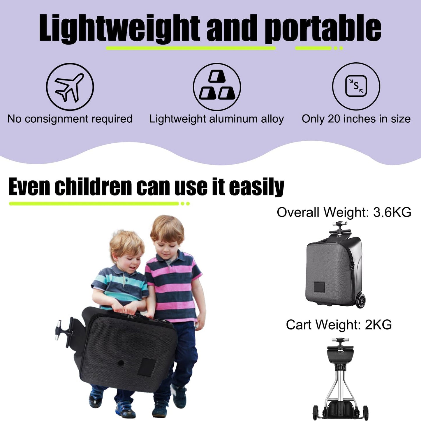 Children's Ride-On Suitcase, Ride on Suitcase for Kids, Kids Luggage Set, Fashion Travel Student Trolley Boarding Toy Box, 2-in-1 Case & Baby Stroller,Black