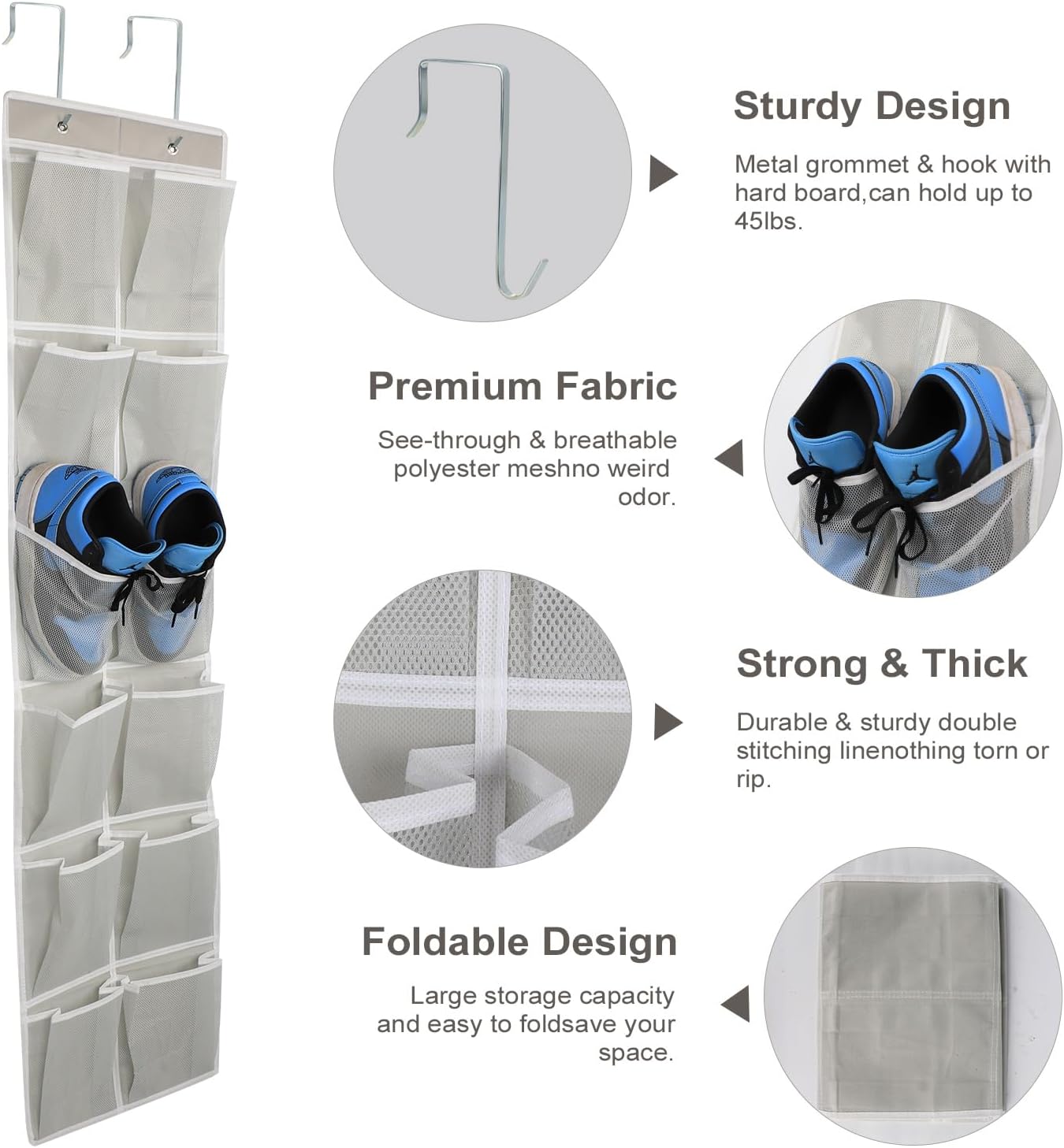 Over the Door 12 Pocket Hanging Shoe Organizer, Gray