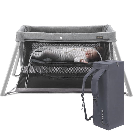2 in 1 Portable Travel Crib for Toddler, Foldable Crib for Baby, Lightweight Playpen Collapsible Playard with Soft Mattress, Easy to Carry Baby Travel Bed for Outdoor, Indoor (Grey)