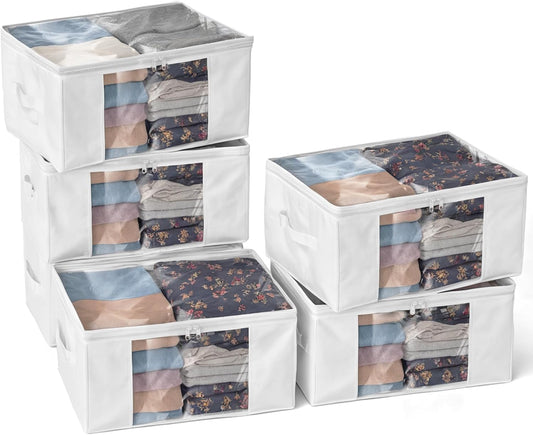 Clothes Storage Bags, Foldable Thick Fabric Blanket Storage Bags, Large Clear Window & Carry Handles, Great for Clothes, Blankets, Closets, Pillows, Toys (White, 6PACK)
