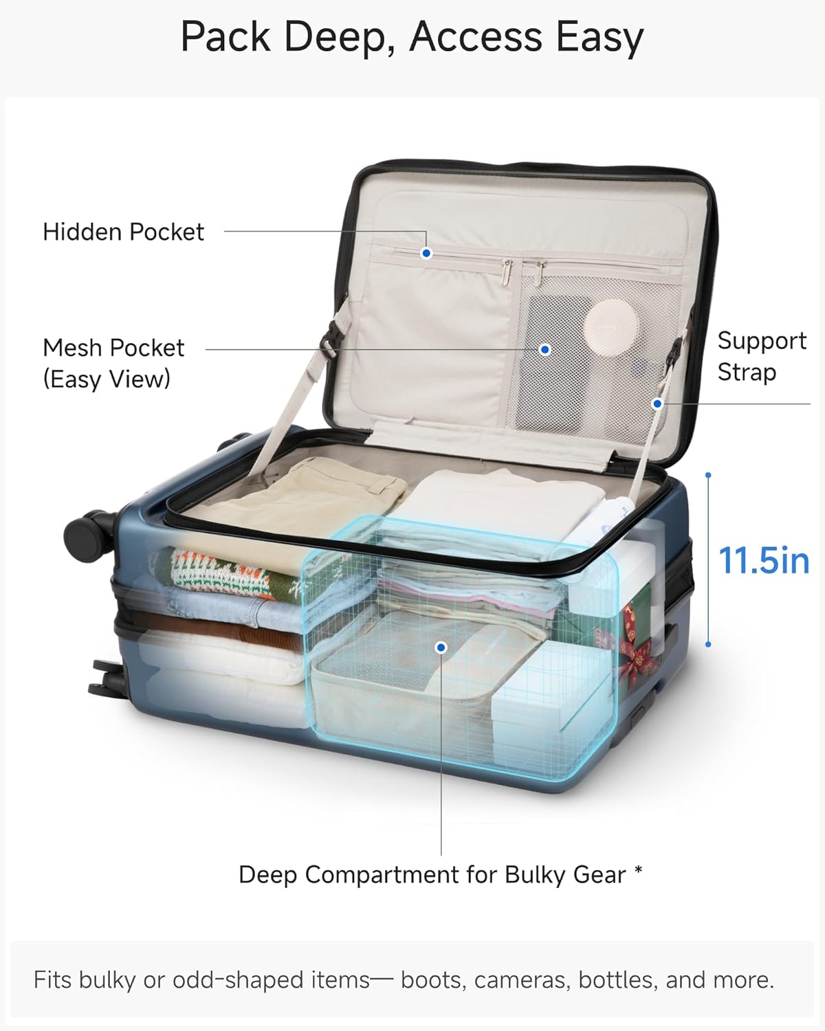 Checked Luggage Top Opening, FLT Expandable Polycarbonate Hard Shell Suitcase with Wheels (FLO-Lite, Blue, 24 Inch, 63L-70L)