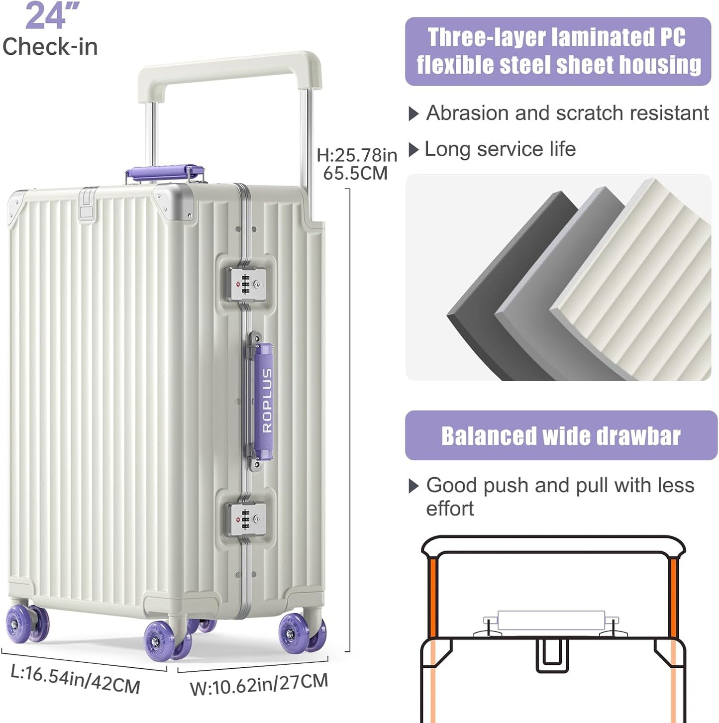 Aluminium Frame Checked-Luggage with Smooth Jelly Wheels, Hardside Zipperless Rolling Suitcase with TSA Lock (WhitePurple, 24-Inch)