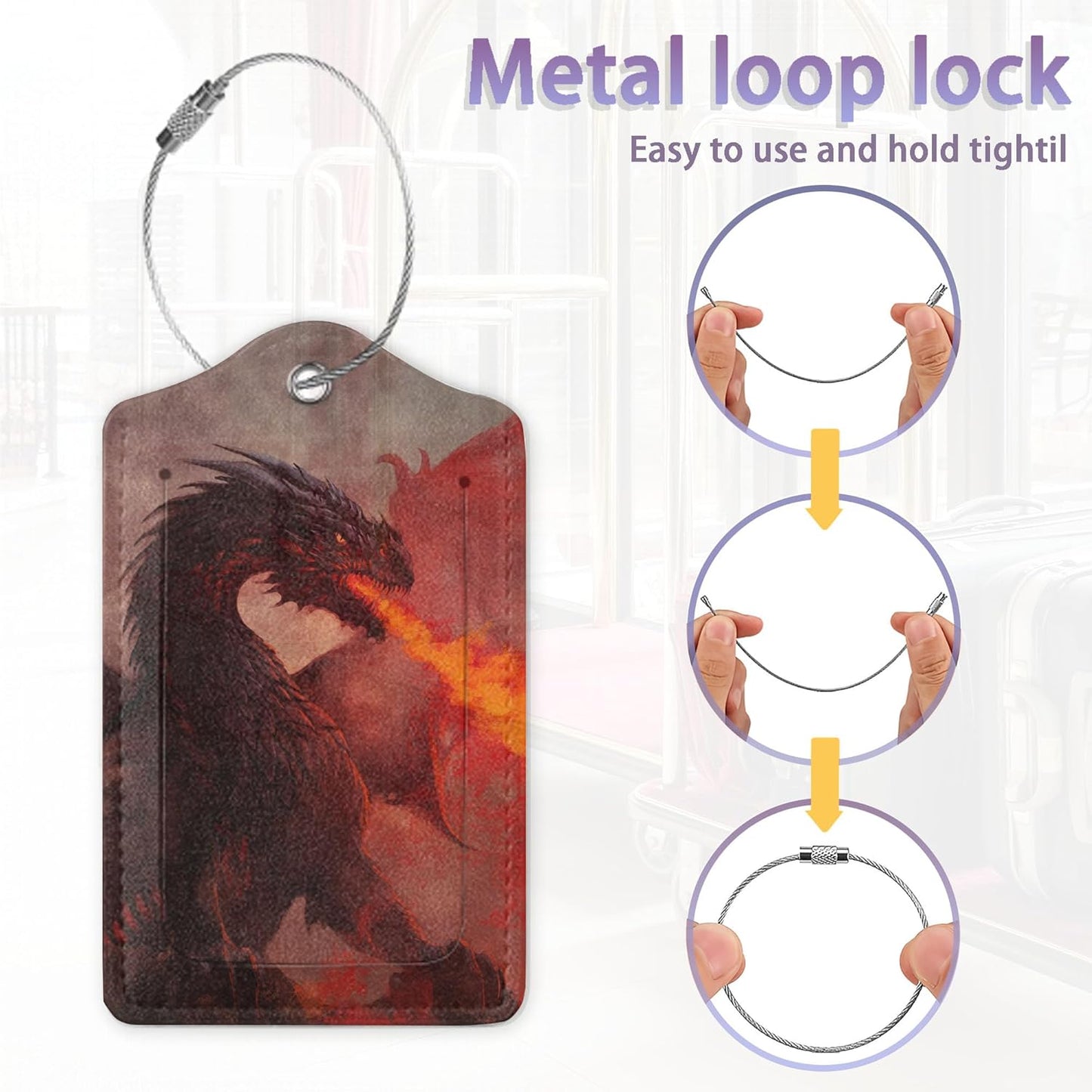 2Pcs Luggage Tag for Suitcase Trippy Fire Dragon Cute Suitcase Tag with Privacy Flap & Name ID Label & Metal Loop, Travel Bag Luggage Tags for Women