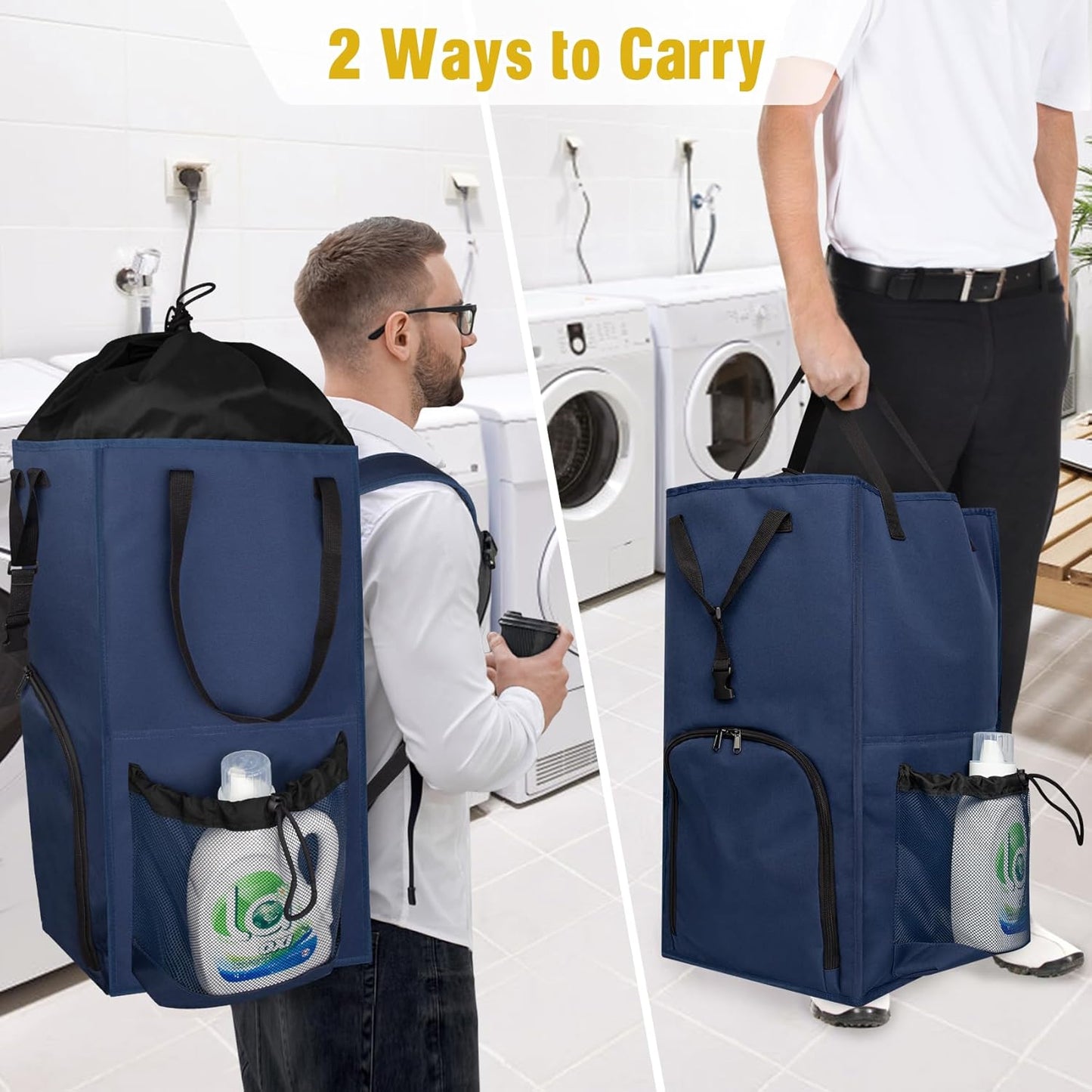 Laundry Bag Backpack Extra Large, 110L Laundry Backpack Heavy Duty with Shoulder Straps, Collapsible and Mesh Pocket Dorm Laundry Basket Hamper Bag for College, Travel, Laundromat, Apartment Blue