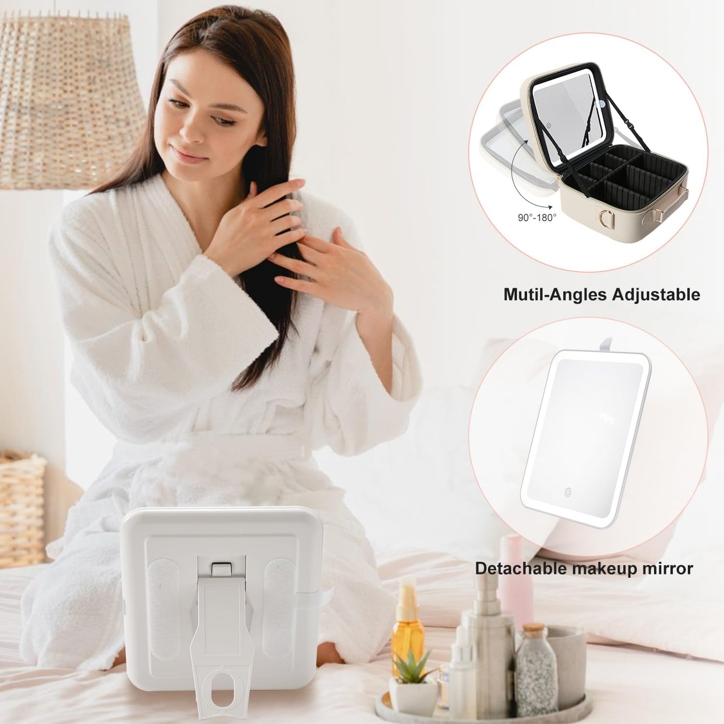 Mocado Travel Makeup Bag with LED Lighted Mirror,Travel Makeup Organizer,Makeup Case with 3 Color Lighted Setting and 10x Magnifying Mirror,Portable Storage and Adjustable Dividers Makeup Box(Beige)