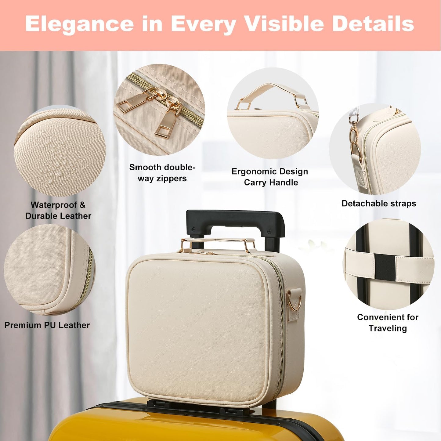 Mocado Travel Makeup Bag with LED Lighted Mirror,Travel Makeup Organizer,Makeup Case with 3 Color Lighted Setting and 10x Magnifying Mirror,Portable Storage and Adjustable Dividers Makeup Box(Beige)