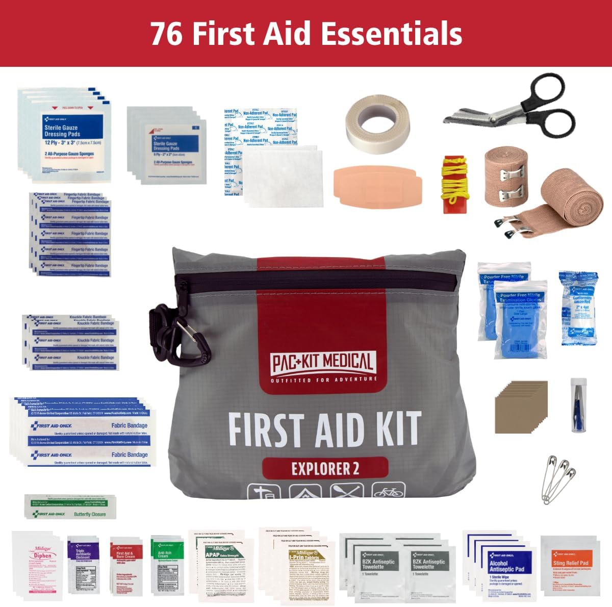 Pac-Kit Watertight Explorer 2 First Aid Kit for Hiking, Camping and Outdoor Activities, 76 Pieces