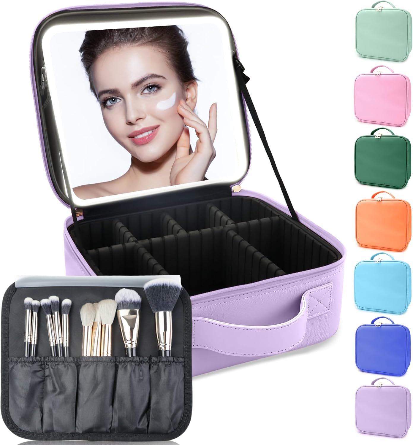 Makeup Bag with Led Mirror,Travel Makeup Organizer with 3 Color Setting, Portable Storage and Adjustable Dividers Travel Makeup Bag(Purple)