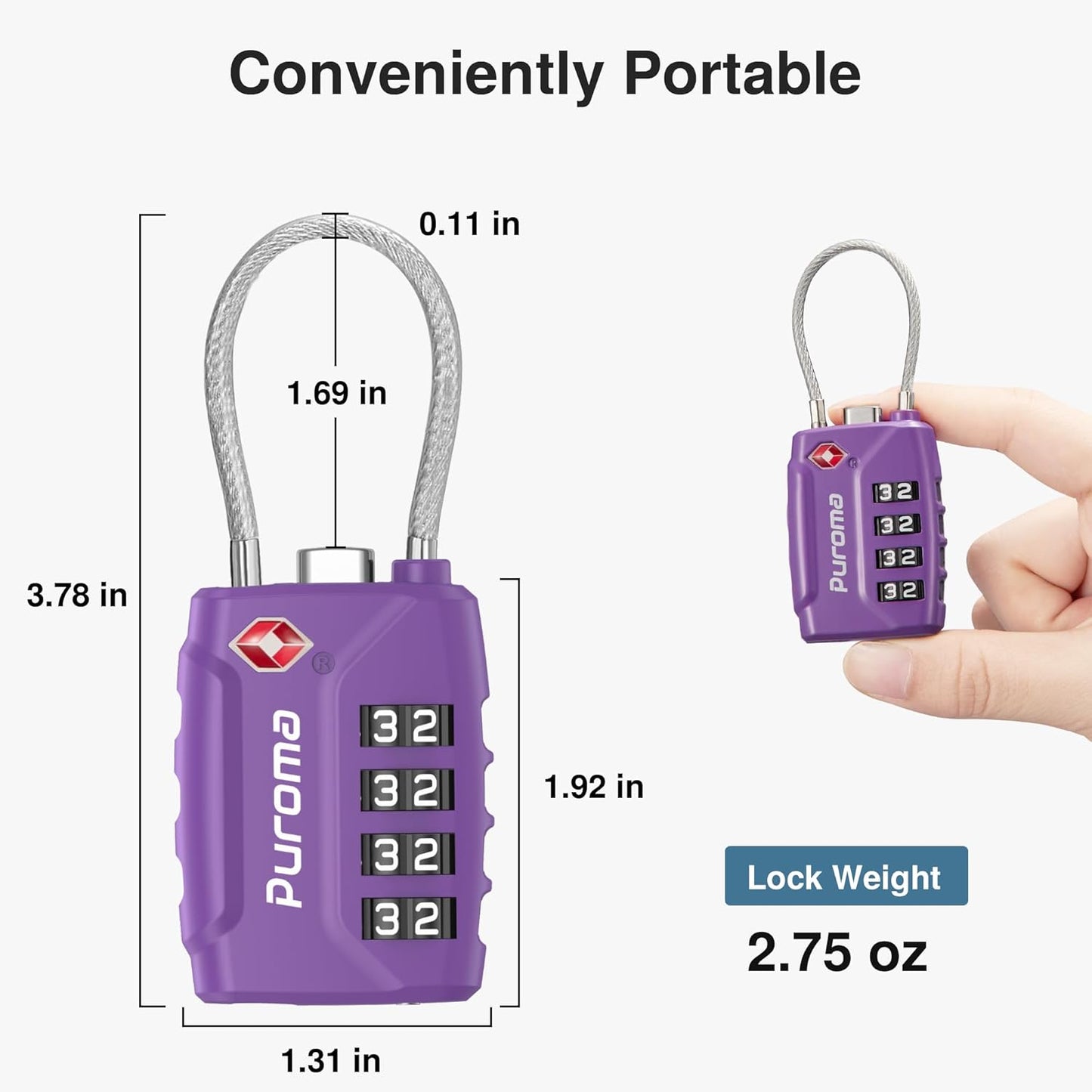 Puroma 2 Pack TSA Approved Luggage Locks, 4 Digit Combination Travel Locks Resettable Code Lock with Zinc Alloy Body for Suitcase, Toolbox, Backpack, Bag, Gym Locker (Purple)