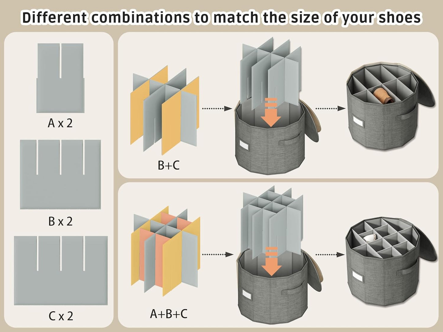 Vailando Shoe Organizer for Closet - Cylindrical Shoe Storage Organizer with Removable Dividers, Rectangular Compartment, Foldable, Gray, 1-Pack
