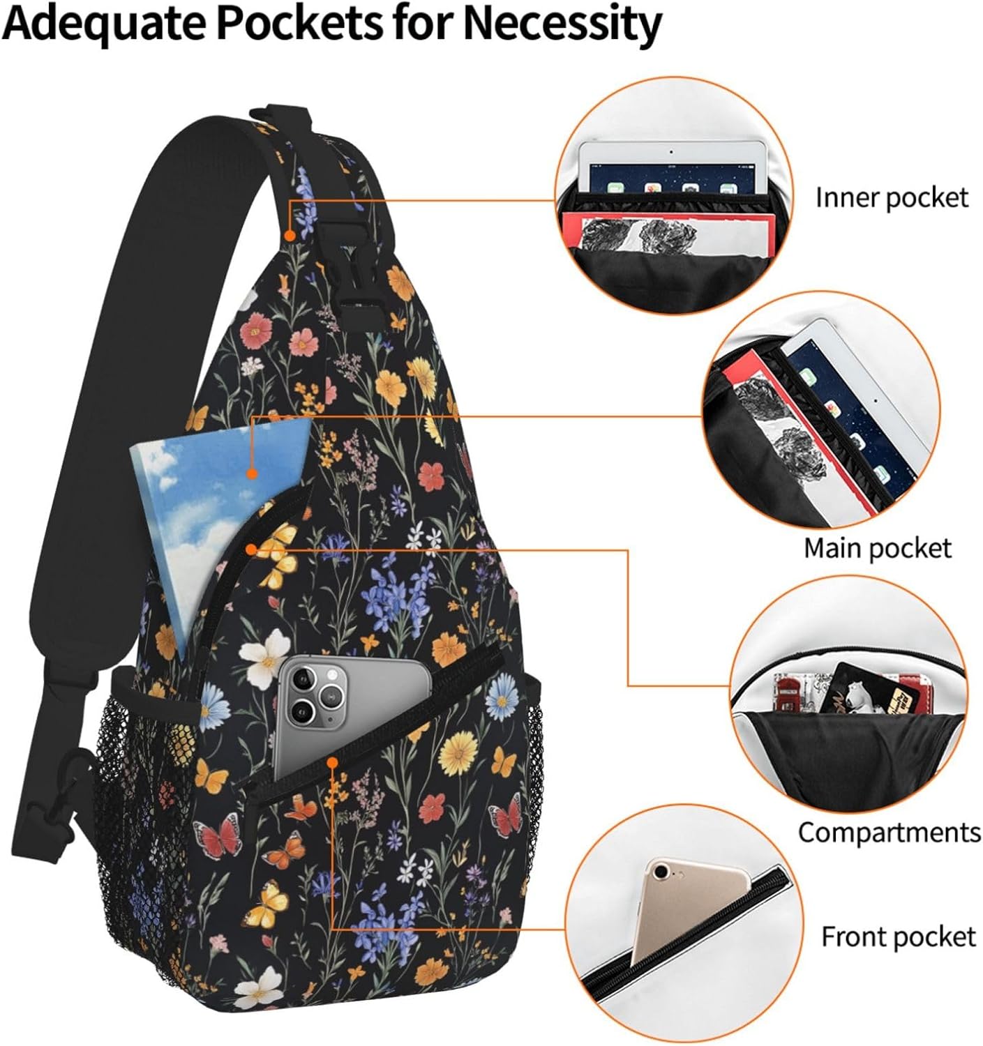 SUPLUCHOM Sling Bag Vintage Botanical Flower Wildflower Hiking Daypack Crossbody Shoulder Backpack Travel Chest Pack for Men Women