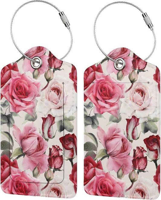 2PC Red Rose Flower Luggage Tag with Privacy Cover Id Card Stainless Steel Loop, Pink Floral Travel Baggage Identifiers Tags Luggage for Women Men Suitcase Name Labl