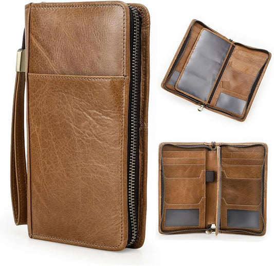 CONTACTS Travel Family Passport Holder for 4 Genuine Leather Passport Wallet RFID Blocking Passports Organizer 3 Layer Design Fit 4 Passports, 13 Credit Cards (Camel Brown)