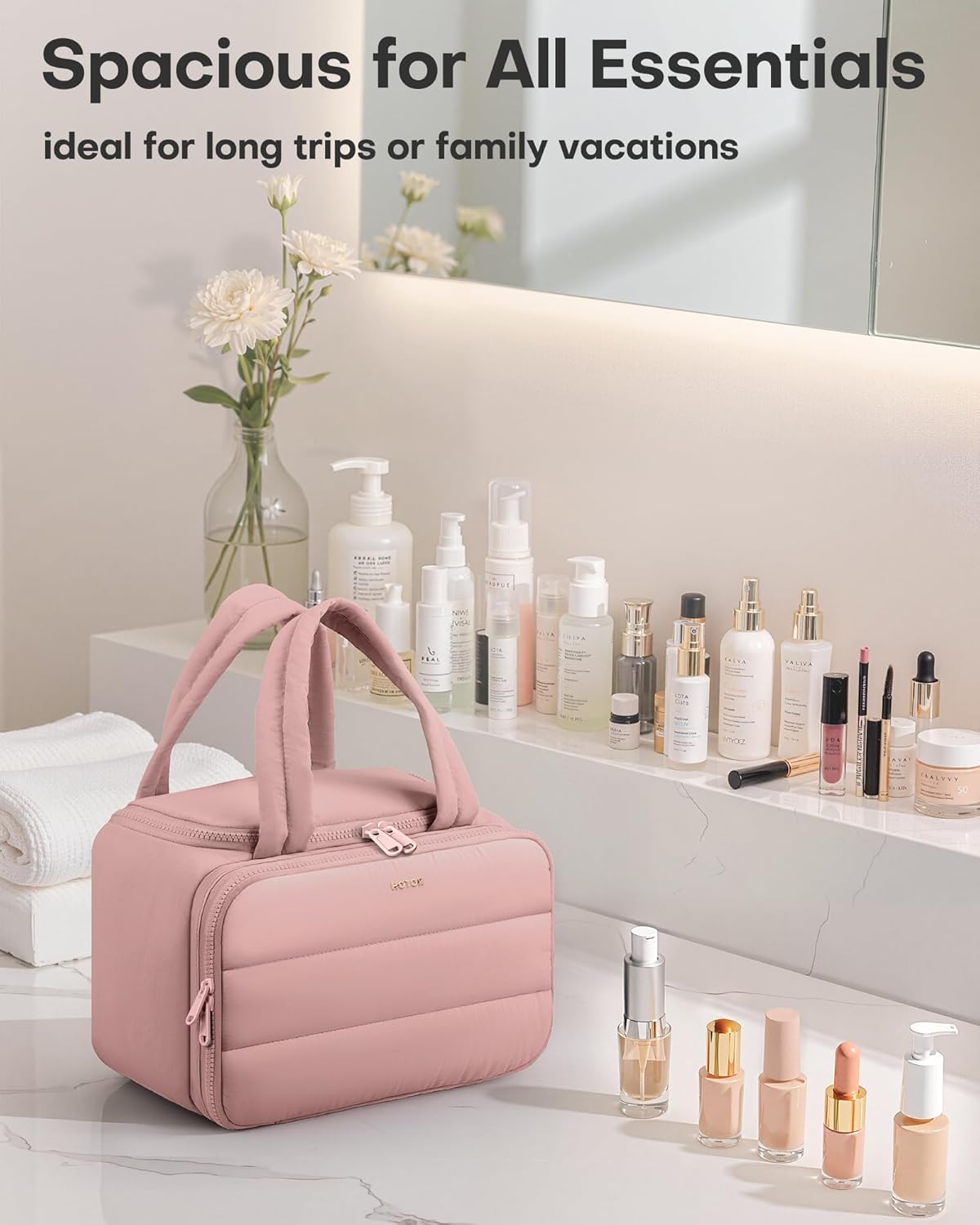 HOTOR Travel Toiletry Bag - Wide-Open Toiletry Bag for Women, Multi-Pocket Makeup Bag for Travel Essentials, Wet & Dry Separation Travel Accessories for Trip, Gym, 11.4" x 5.9" x 8.3", Dark Pink