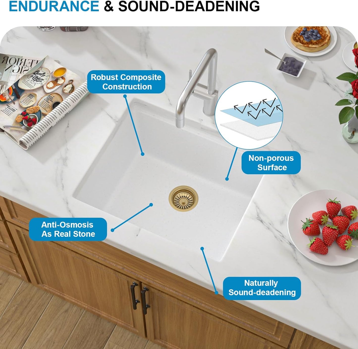 21 Inch White Granite Composite Bar Sink 21x18 Single Bowl Granite Composite Undermount Small Kitchen Sink Small Wet Bar Sinks with Workstation Quartz Natural Stone